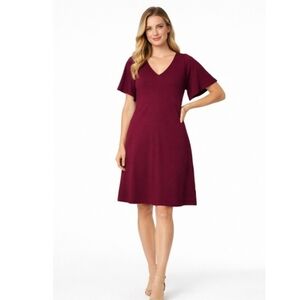 Pact Fit And Flare Easy V Neck Flutter Sleeve A-Line Dress in Burgundy